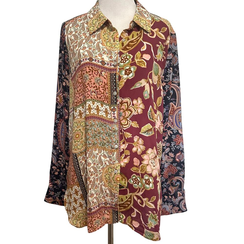 Rose & Olive Patchwork Button Top Womens Large Multicolor Paisley Floral Boho - Picture 2 of 10